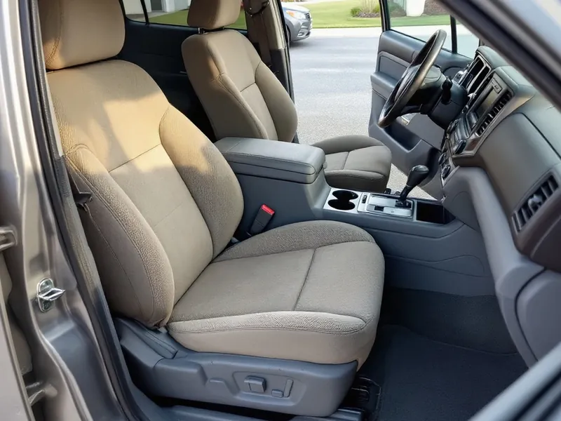 The same tan cloth seat and floor mat clean after an interior detail