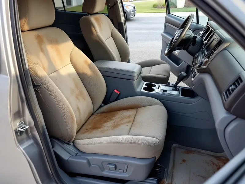 Tan cloth front seat with brown stains and a soiled floor mat