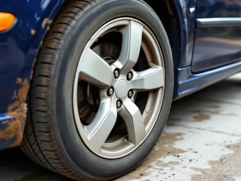 Silver alloy wheel caked in brake dust and mud on a dark blue sedan